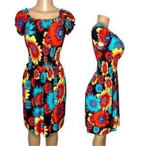 Size S/M Women Off Shoulder Floral Black Short Sleeve Knee Length Dress